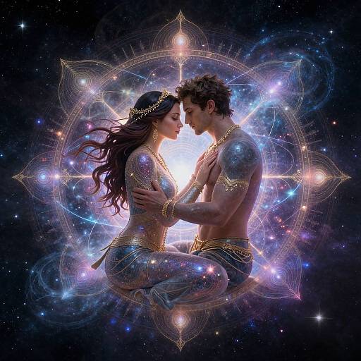 Digital artwork of a romantic, glowing couple in ethereal, cosmic attire, surrounded by vibrant stars and intricate mandala patterns, floating against a dark,