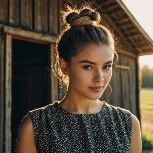 Young Woman with Top Knot in Rustic Countryside