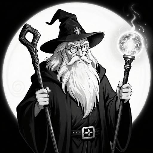 Black-and-white digital drawing of a wizard with a long white beard, glasses, pointed hat, holding a staff and glowing orb, against a full moon