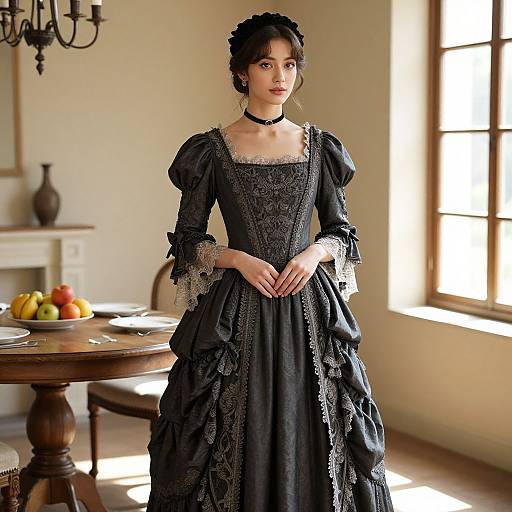 Photograph of a pale-skinned woman with dark hair in a Victorian-style black lace dress, standing in a sunlit, antique-filled room.