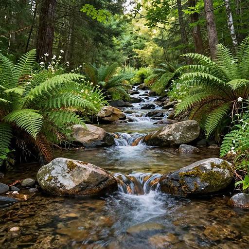 Photograph of a serene forest stream with clear water cascading over moss-covered rocks, surrounded by vibrant green ferns and tall trees. Sunlight filters