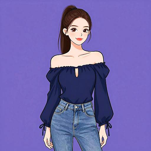 Digital anime-style drawing of a fair-skinned woman with brown hair in a ponytail, wearing an off-shoulder navy top and blue jeans,