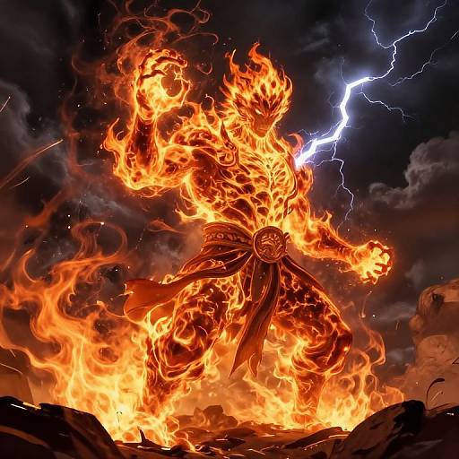 Digital artwork of a muscular, fiery humanoid with bright orange flames enveloping his body, lightning striking behind him, and a circular belt. Dark, storm