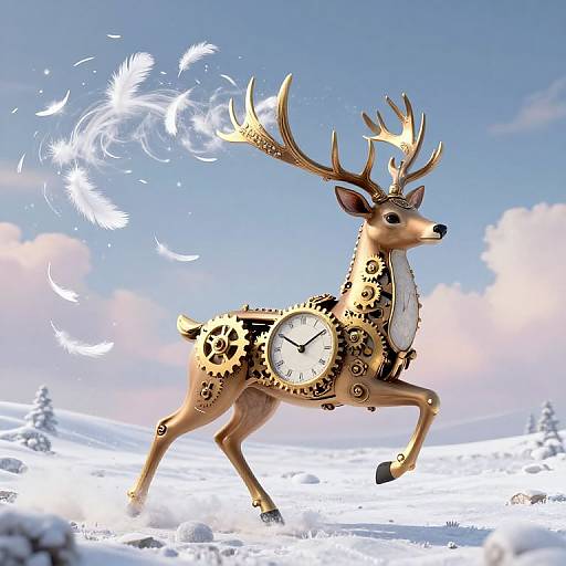 Digital artwork of a golden deer with clock gears, antlers, and feathers swirling in a snowy landscape under a blue sky.