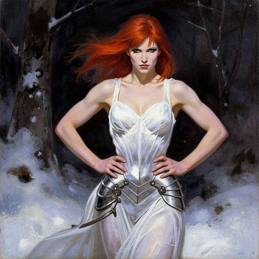 Digital painting of a fierce, red-haired woman with pale skin, wearing a white, semi-transparent dress and silver armor, standing with hands on hips against