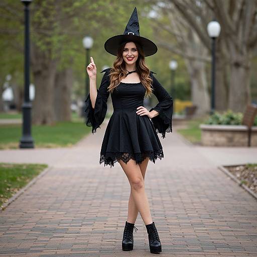Photograph of a smiling woman in a black witch costume, including hat, dress with lace trim, and platform boots, standing on a brick path in