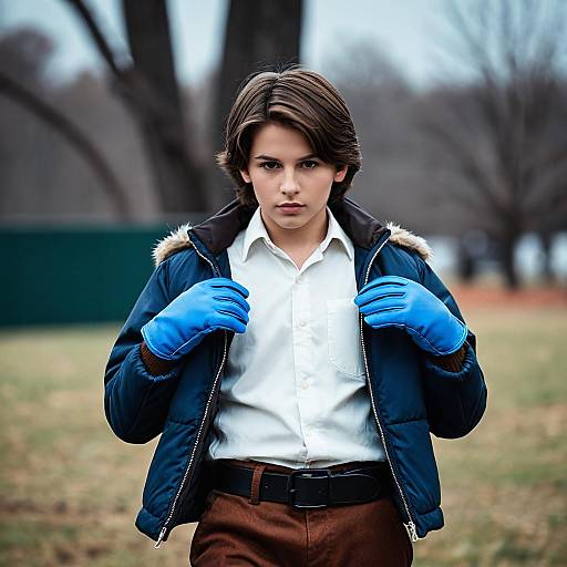 Boy in Winter Jacket with Blue Gloves Outdoors