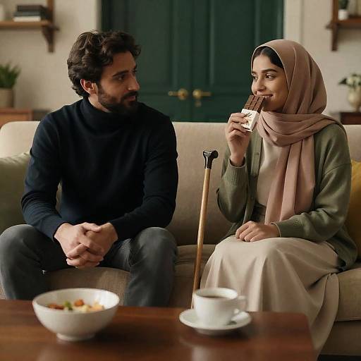 Couple Relaxing on Couch with Chocolate and Coffee