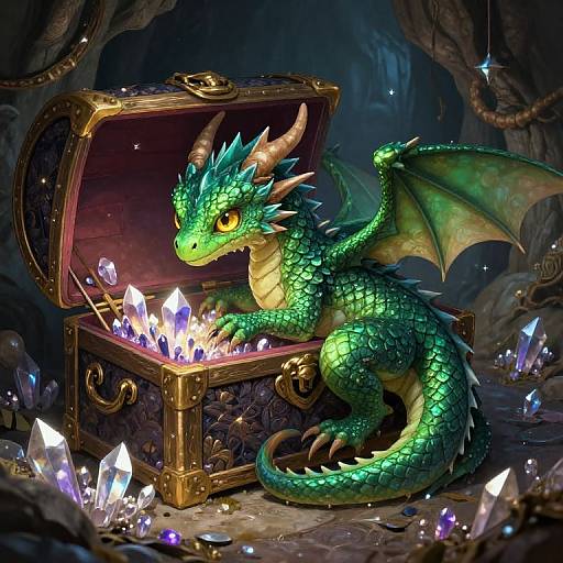 Digital art of a green dragon with yellow eyes, curled around a glowing treasure chest filled with crystals, in a dimly lit cave.