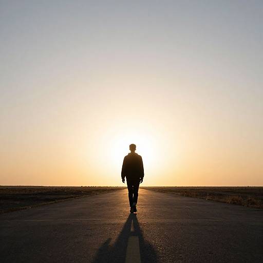 Silhouetted person walking on a deserted road at sunset, with bright sun directly behind, casting long shadows, and clear sky.