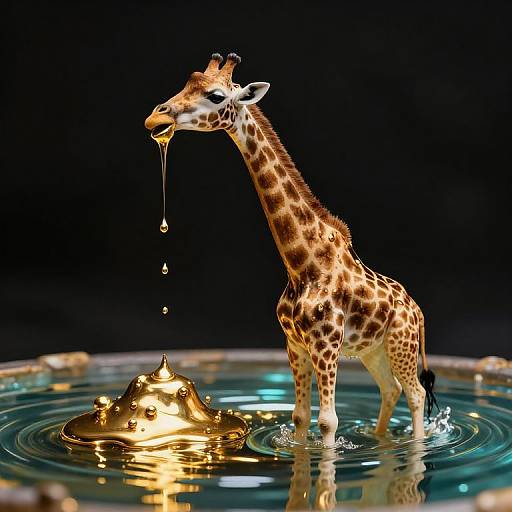 Photograph of a giraffe with spotted coat, tongue dripping water, standing in a reflective pool with a glowing water splash.
