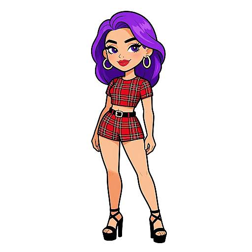 Digital cartoon of a confident woman with purple hair, wearing a red plaid crop top and shorts, black belt, hoop earrings, and black platform heels