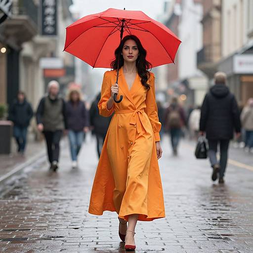 Photograph of a confident woman with long dark hair, wearing an orange trench coat and red umbrella, walking on a wet, cobblestone street,