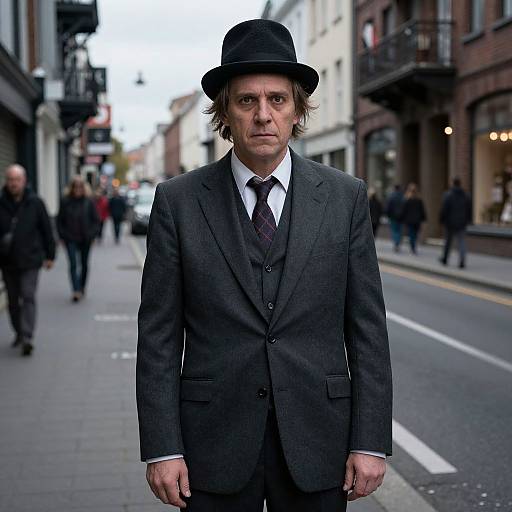 Photograph of a serious middle-aged man in a dark suit, white shirt, patterned tie, and black bowler hat, standing on a busy