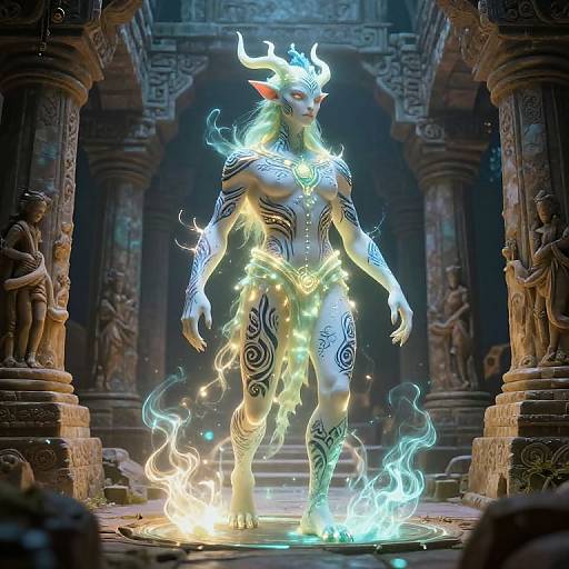Digital artwork of a glowing, horned, tattooed, muscular deity with ethereal flames, standing in an ancient, ornate temple. Dark,