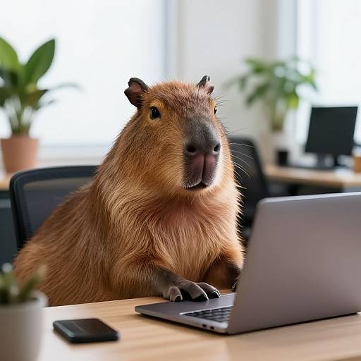 Photorealistic CGI of a large, brown rodent with a fluffy coat and dark nose, sitting at a desk, using a laptop. Bright office