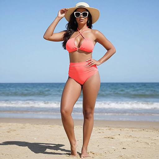Photograph of a tan-skinned woman with long black hair, wearing a wide-brimmed beige hat, white sunglasses, and a bright orange bikini