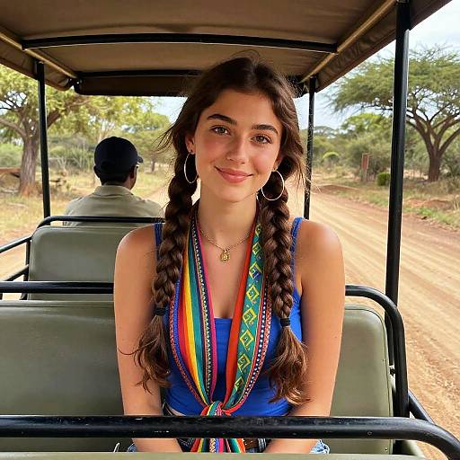 Photograph of a young woman with long braided brown hair, wearing a blue dress with colorful geometric patterns and large hoop earrings, smiling in a safari