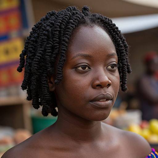 Photograph of a young Black woman with dark skin, natural dreadlocks, and neutral expression, standing in a blurred market stall background.