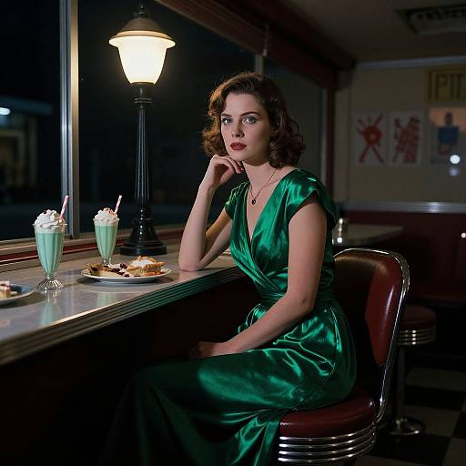 Photograph: Elegant woman in a green satin dress, seated at a dimly lit retro diner, sipping milkshake, under warm streetlamp.