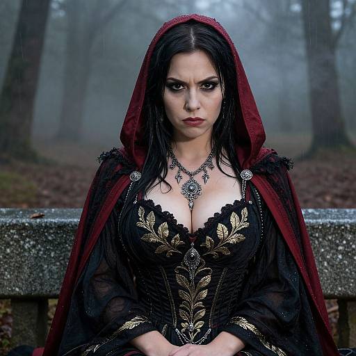 Photograph of a dark-haired woman with pale skin, intense gaze, wearing a black lace gown with gold embroidery, red hooded cape, and elaborate