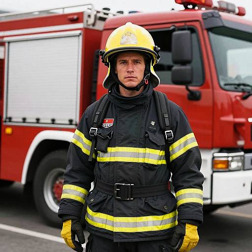 Photograph of a serious-looking male firefighter in yellow helmet, black uniform with yellow stripes, yellow gloves, standing in front of a red fire truck.