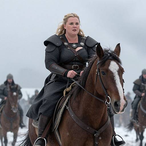 Photograph of a blonde woman in black, medieval-style armor riding a brown horse through a snowy landscape, with blurred riders in the background.