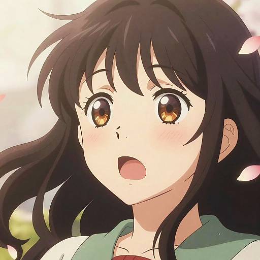 Anime-style digital drawing of a surprised young girl with brown eyes, long black hair, and a green shirt, with a soft, light background.
