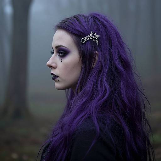 Gothic-style portrait of pale woman with long, wavy purple hair, dark makeup, black lipstick, and star hairpin, in a fog