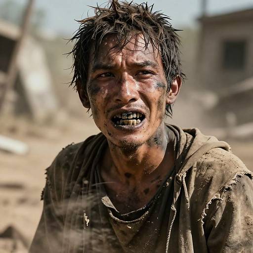 Photograph of a dirty, disheveled man with blackened face and teeth, messy dark hair, wearing tattered brown clothes, in a dusty