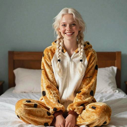 Smiling Woman in Animal Onesie Sitting on Bed