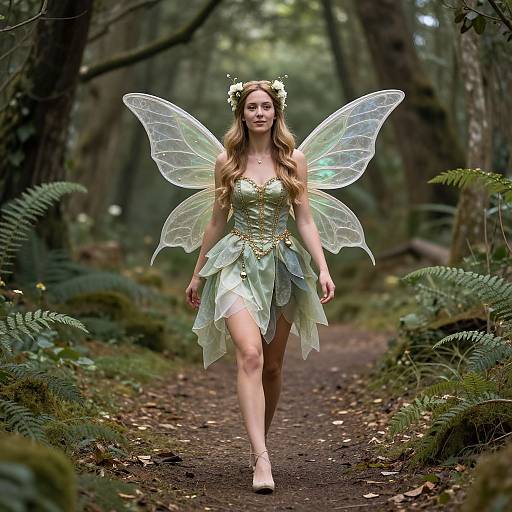 Photograph of a fair-skinned, blonde fairy with translucent wings, wearing a green, leafy dress, and a floral headband, walking on