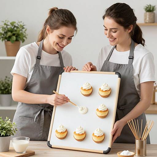 Photograph of two smiling women with dark hair in gray aprons, decorating six cupcakes on a white baking tray in a bright kitchen with plants and wooden