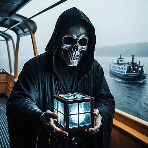 Grim Reaper Holding Glowing Cube on Misty Ferry