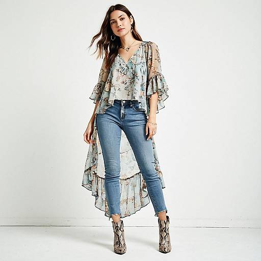 Bohemian Woman in Sheer Floral Tunic
