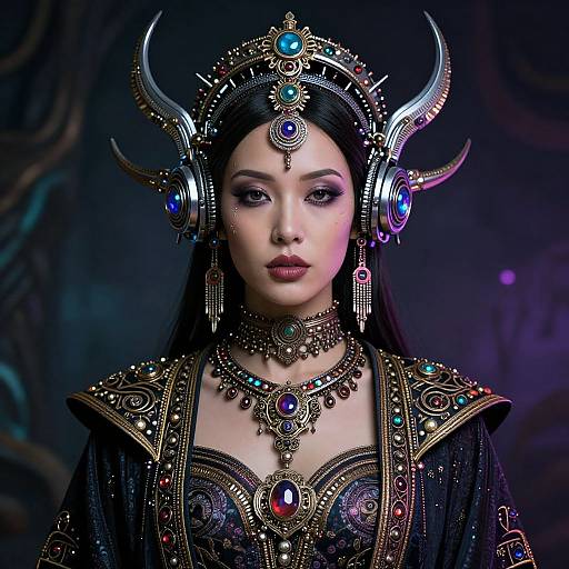 Digital painting of a regal, dark-haired woman with silver horns, adorned in intricate gold and gemstone jewelry, wearing a detailed black gown, set