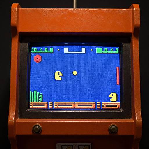 Vintage arcade game monitor displaying a blue screen with colorful pixelated game elements, including a yellow character, red orb, and vertical bar, housed in an