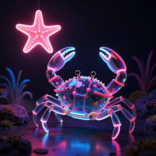 Neon Glass Crab and Starfish Sculpture