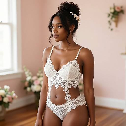 Photograph of a dark-skinned woman with an elegant updo, wearing white lace lingerie, standing in a softly lit, pink-walled room with