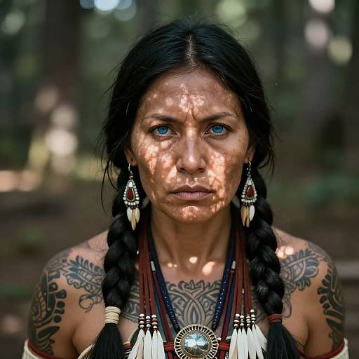 Photograph of a tattooed Indigenous woman with braided black hair, blue eyes, and traditional Native American jewelry, standing in a forest with sunlight filtering