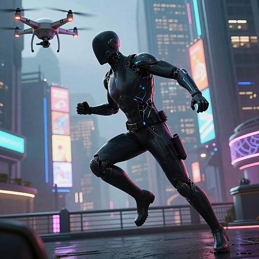 Cybernetic Thief Fleeing Drone in Neon City