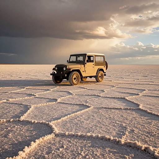 Photograph of a black Jeep Wrangler on a sunlit, textured salt flat under a dramatic, cloudy sky at sunset.