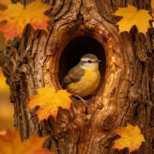 Photograph of a yellow-breasted bird perched in a rustic, circular tree hole, surrounded by vibrant autumn leaves in shades of orange and yellow.