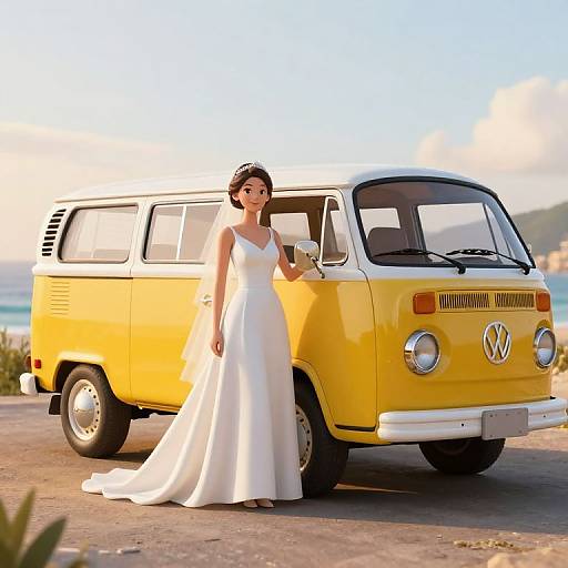 Photograph of a brunette woman in a white wedding dress standing beside a yellow Volkswagen van on a sunny, seaside road.