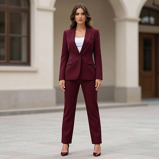 Photograph of a confident woman with long dark hair, wearing a maroon pantsuit, white top, and maroon heels, standing on a cob