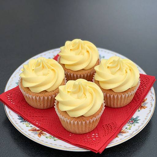 Photograph of four yellow-frosted cupcakes on a floral plate, atop a red lace napkin, against a black background.