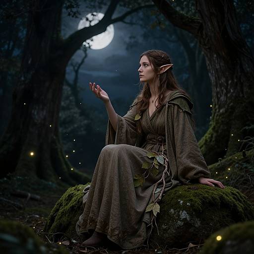 Fantasy photograph of an elven woman with long brown hair, green robe, and pointed ears, sitting on mossy rock, gazing at glowing