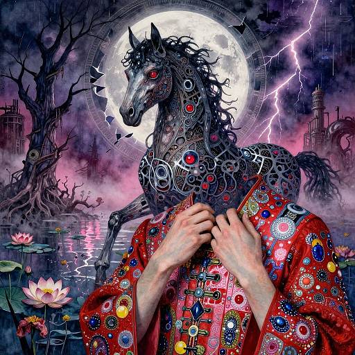 Digital artwork: Dark, mechanical horse with glowing red eyes, adorned with colorful gears, stands in a stormy, moonlit pond, wearing a vibrant
