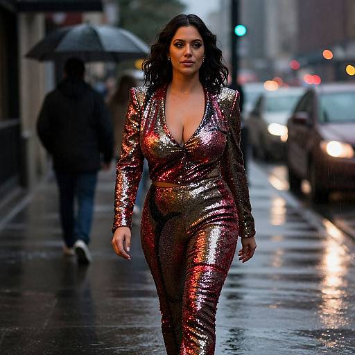 Confident Woman in Sequin Pants at Night