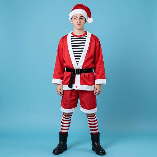 Photograph of a young boy in a red Santa outfit with white trim, black belt, striped shirt, red and white striped leggings, black boots,